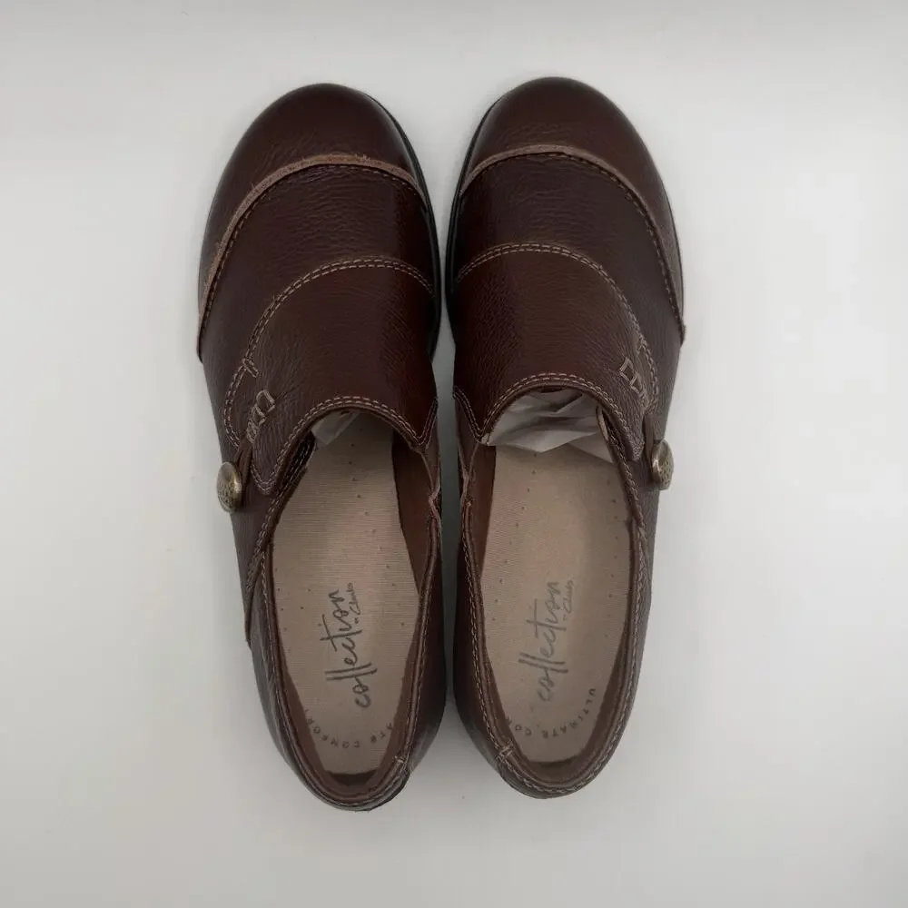 Clarks Cora Poppy‎ Brown Leather Women's Shoes Sz 7 M Button Loop Loafers